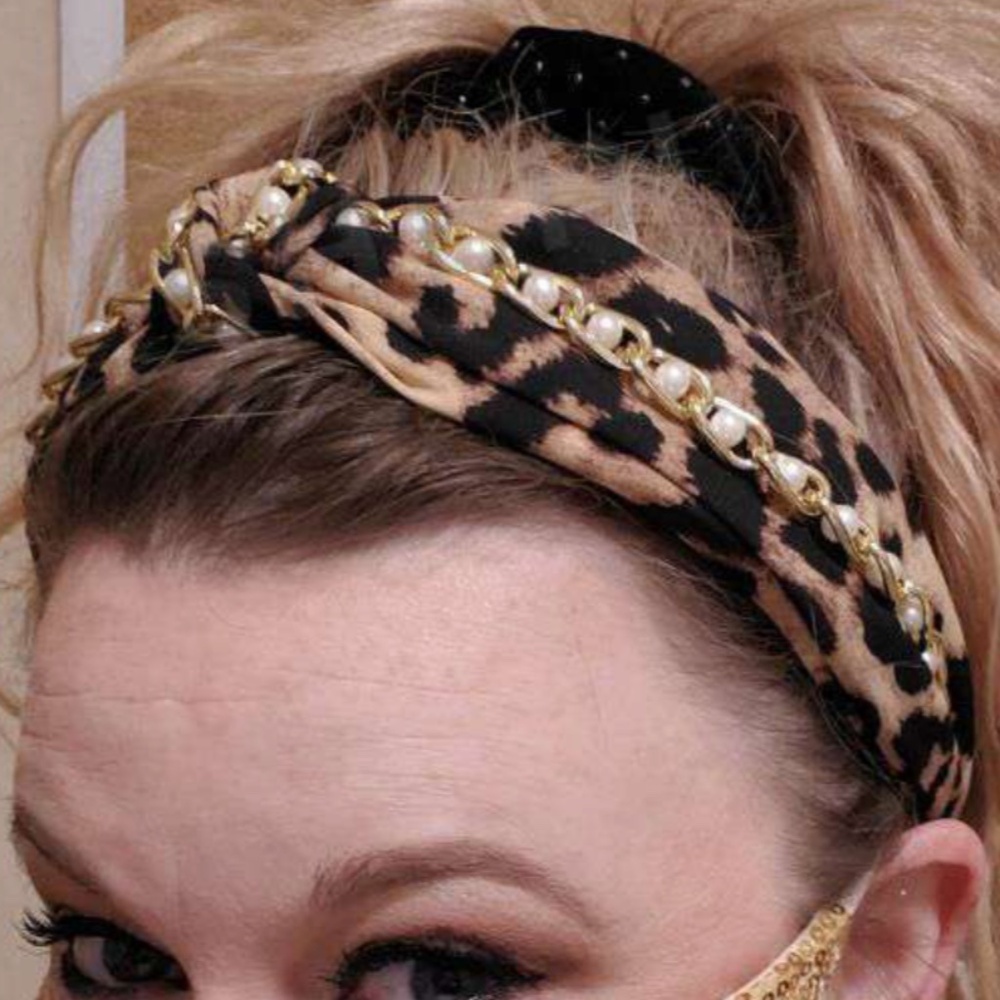 Leopard Print Knot Faux Pearl chain Headband